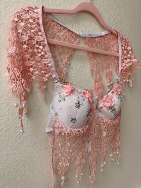 Fairycore Handmade Beaded Lace Pink Floral Pearl Drip Festival Coquette Dreamy